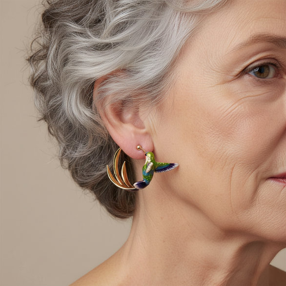 Enamel Hummingbird Crescent Hoop Earrings
