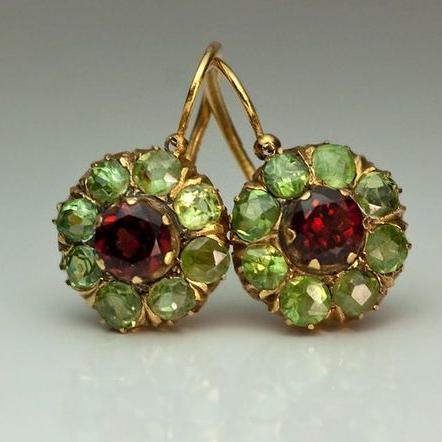 Vintage Green & Red Crystal Floral Earrings