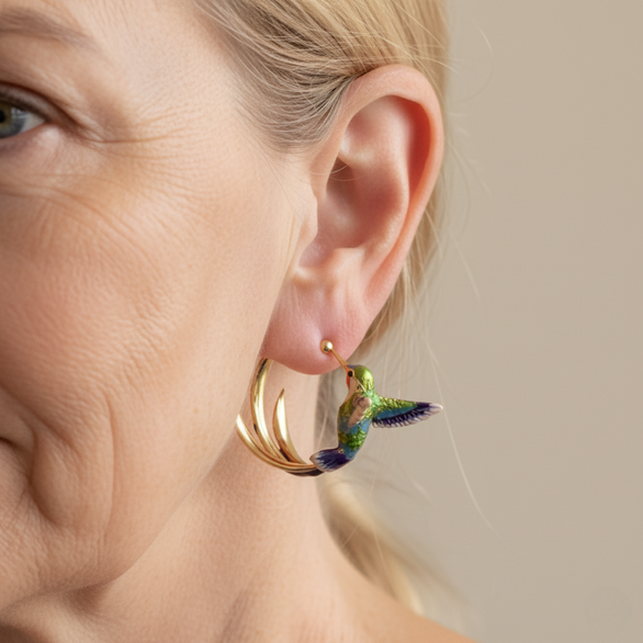 Enamel Hummingbird Crescent Hoop Earrings