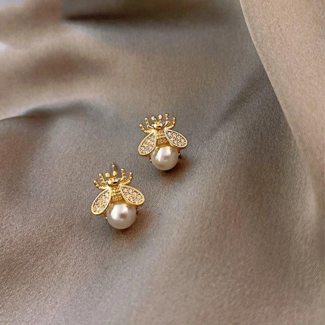 Bee Pearl Crystal Stud Earrings