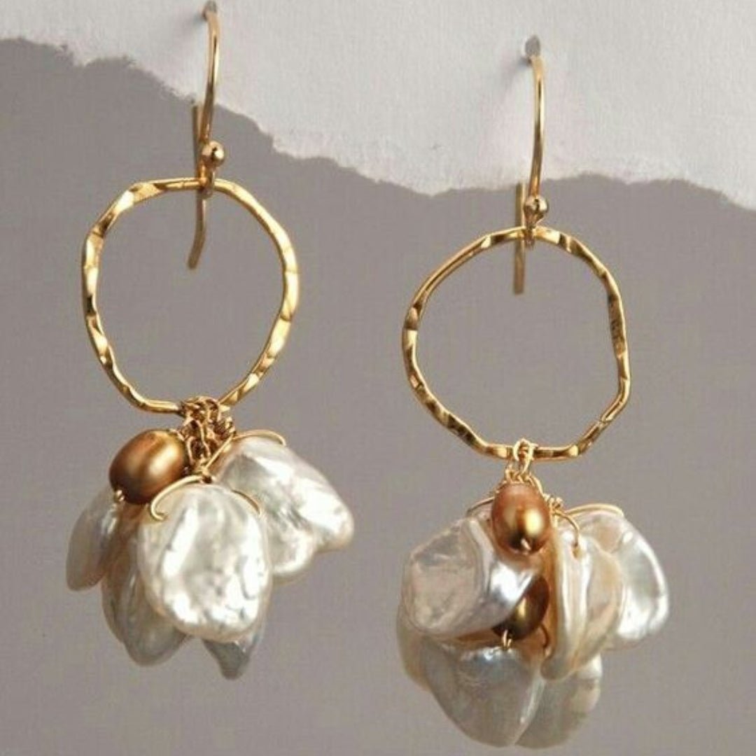 Vintage Floral Baroque Pearl Hoop Drop Earrings