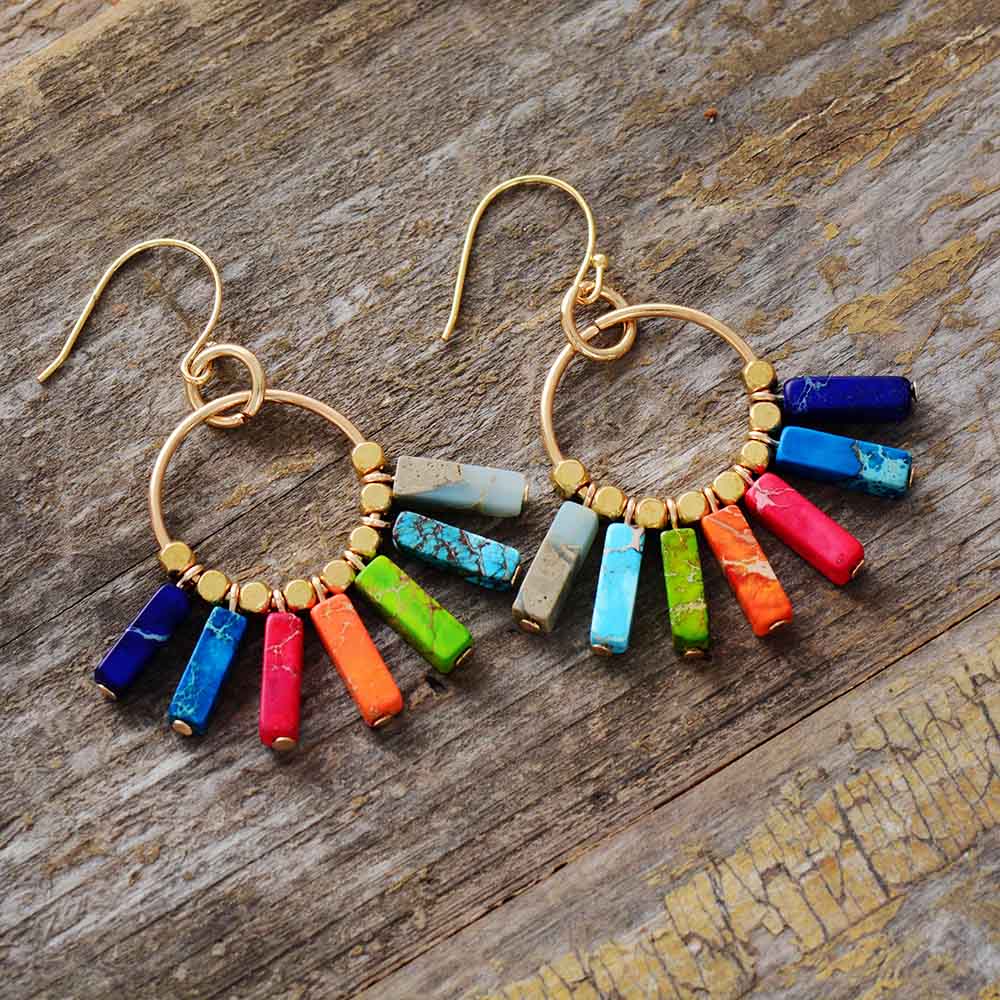 Bohemian Rainbow Gemstone Hoop Earrings