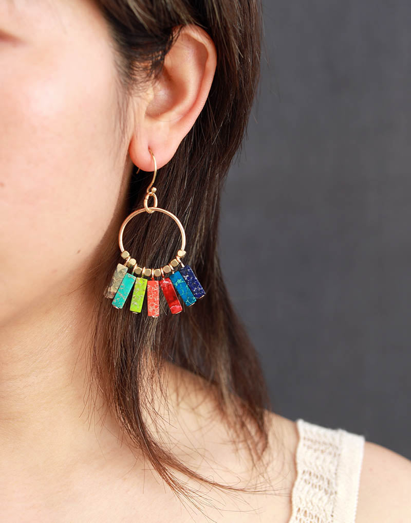 Bohemian Rainbow Gemstone Hoop Earrings