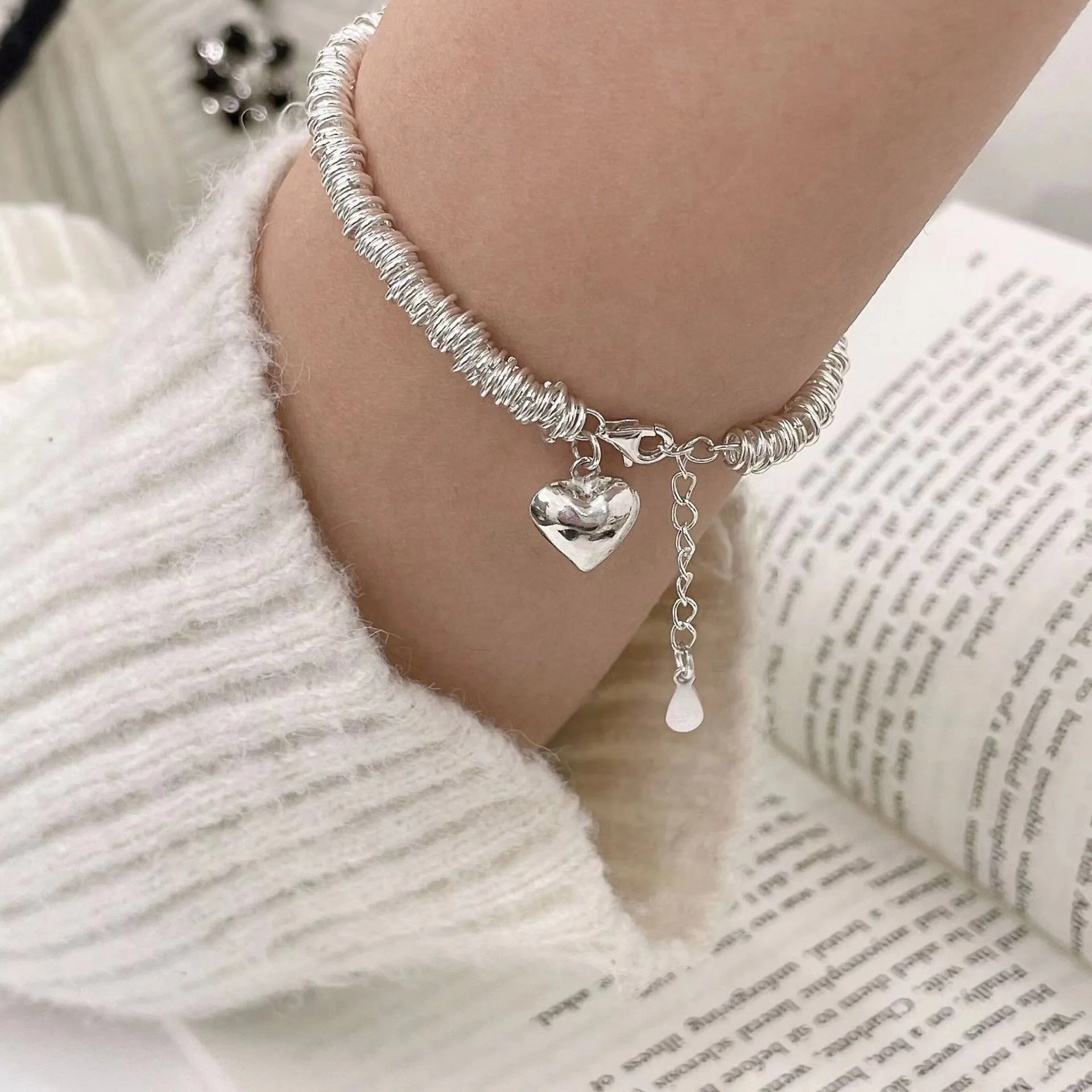 Silver Heart Charm Coil Bracelet