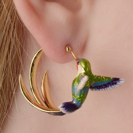 Enamel Hummingbird Crescent Hoop Earrings